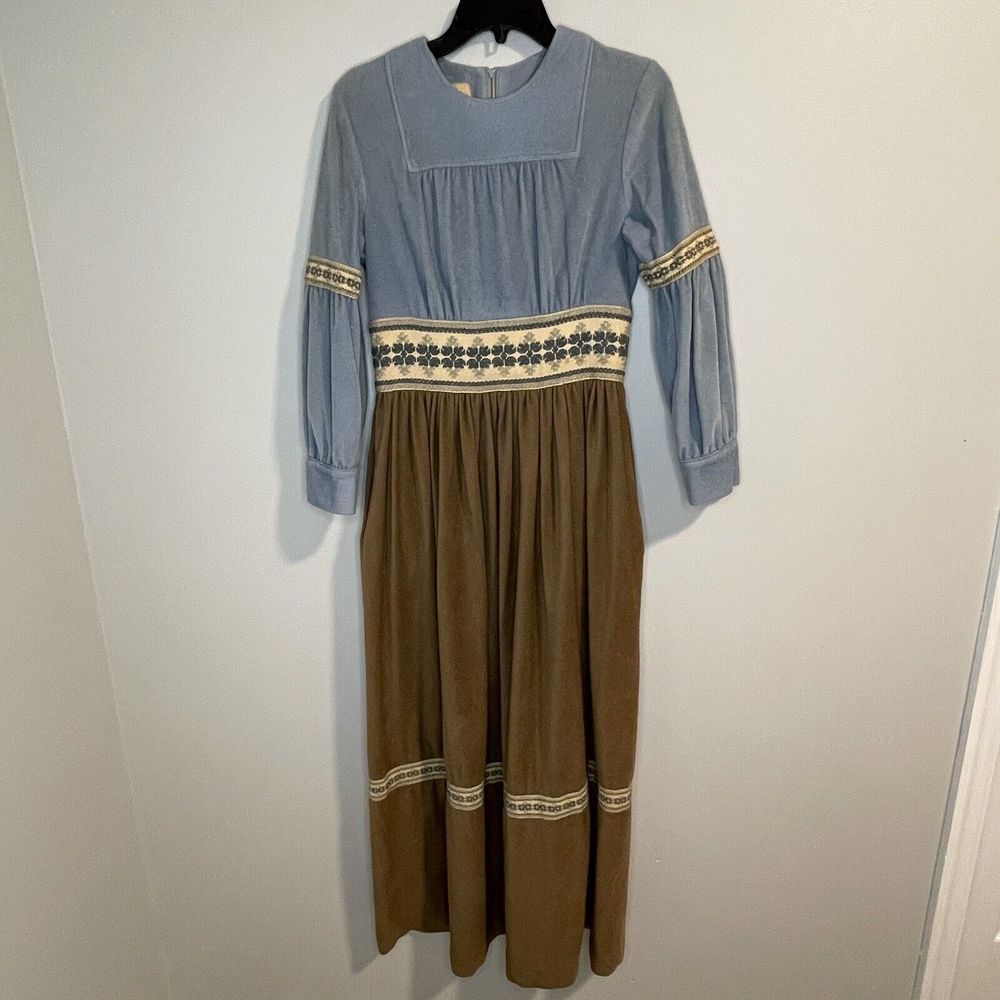 VTG  60's 70's JANE MARTIN DRESS MAXI BOHO HIPPY VELOUR POLY Blue/Brown